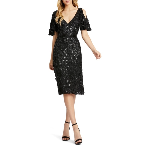 NEW $498 Mac Duggal [ 8 ]‎ Cold Shoulder Sequin Sheath Dress in Black - Picture 14 of 15